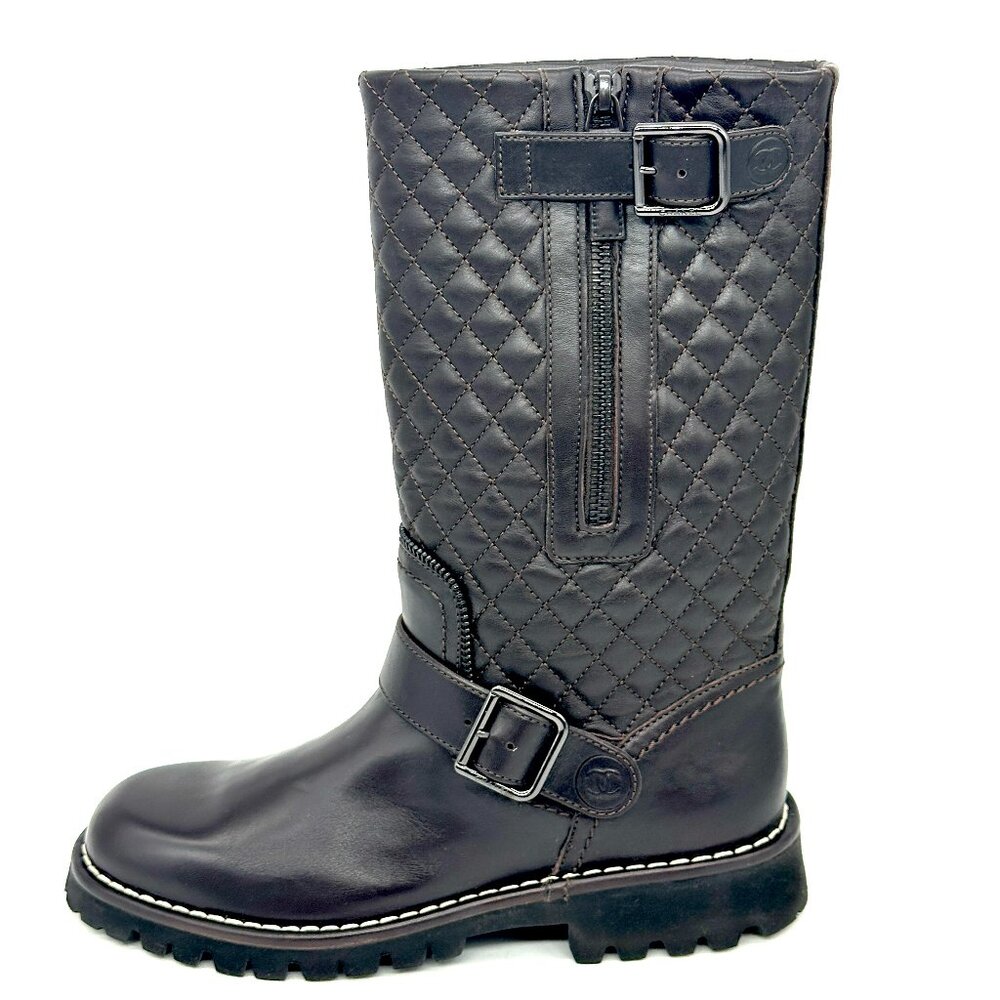 CHANEL 13B Quilted Leather Motorcycle Biker Zipper Buckled Boots Brown